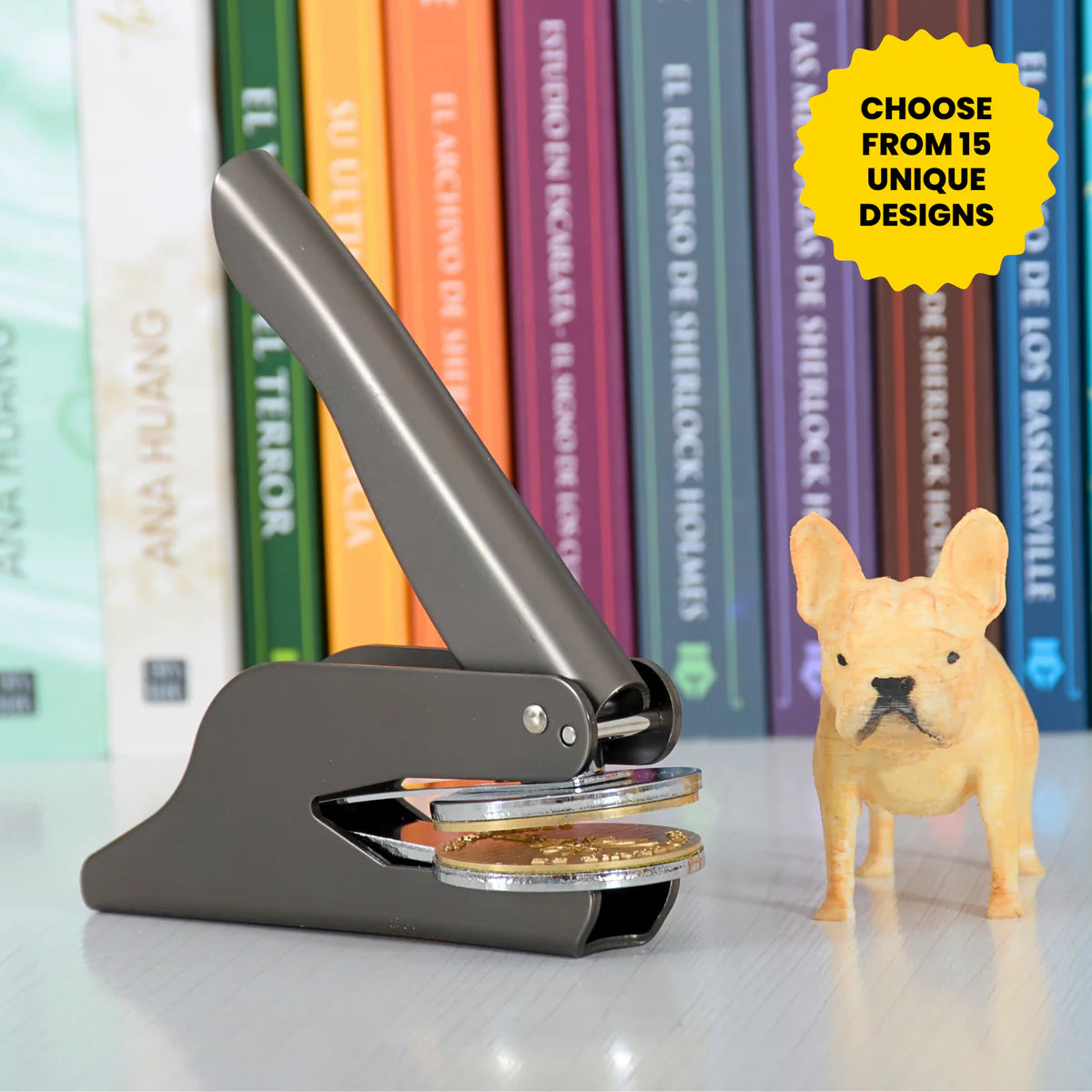 Custom dog-themed embosser imprint on book page with paw print design