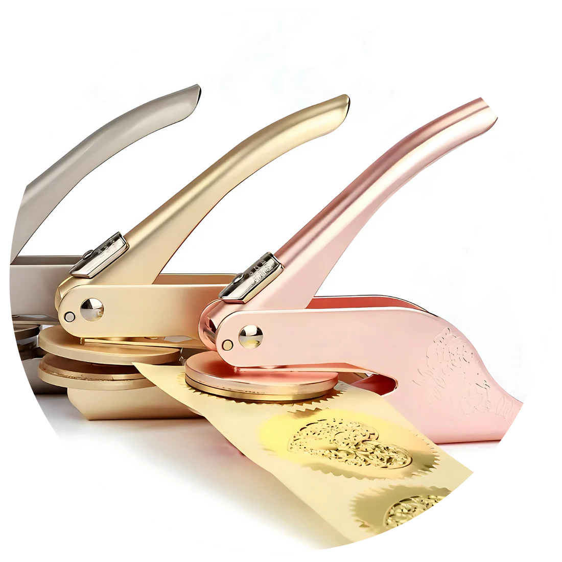 Custom embosser tool for paper, personalized with a logo or text, shown making an embossed impression on white stationery