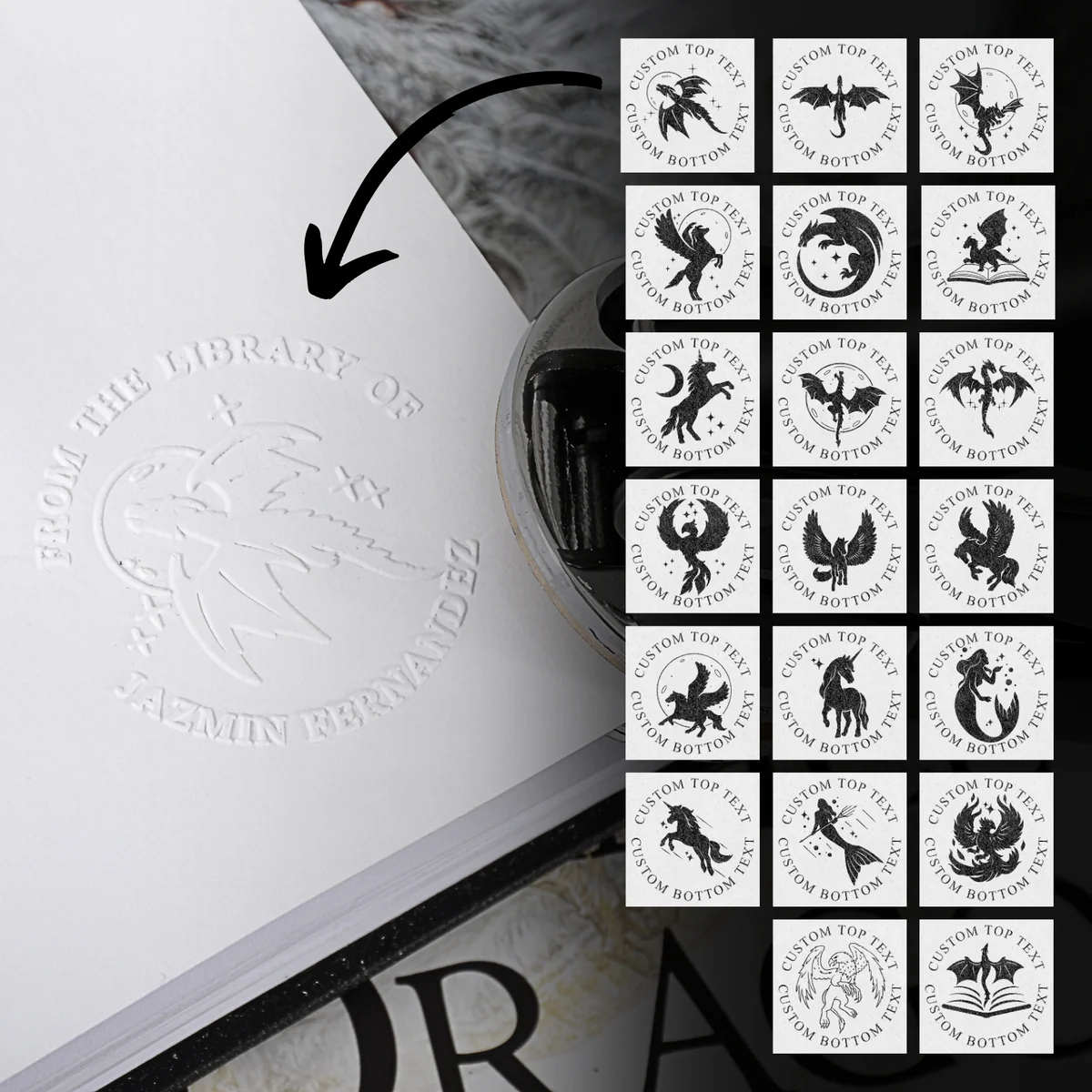 Elegant book embosser stamping a personalized seal with mythological symbols